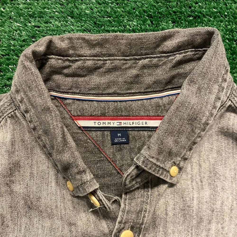 Tommy Hilfiger Faded Gray Denim Button Up Shirt Long Sleeve Grunge Stonewashed - Picture 3 of 4